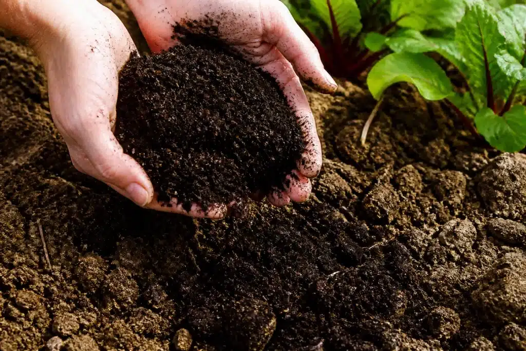 Mains versant compost noir dans sol ameubli en jardin