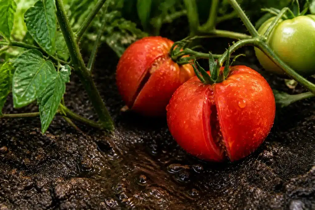 Sol humide autour de tomates fendues sur plant vert