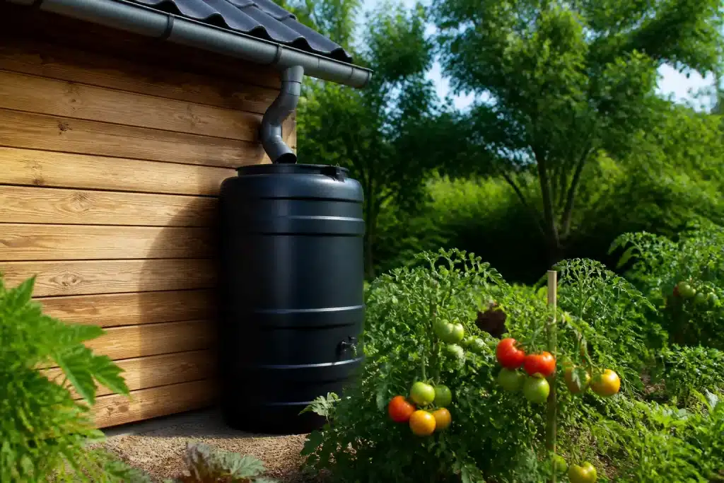 Cuve plastique sous gouttière captant eau pluie tomates