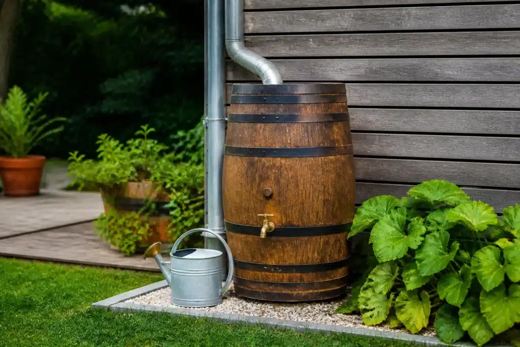 Tonneau de récupération d'eau de pluie dans un jardin