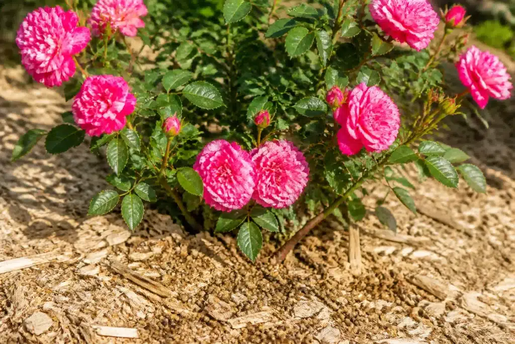 Rosier avec paillis clair au pied et engrais granulé