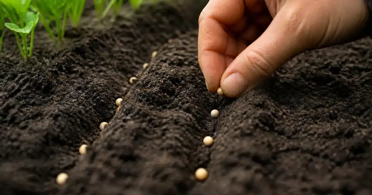 Mains plantant graines dans terre humide en rangees