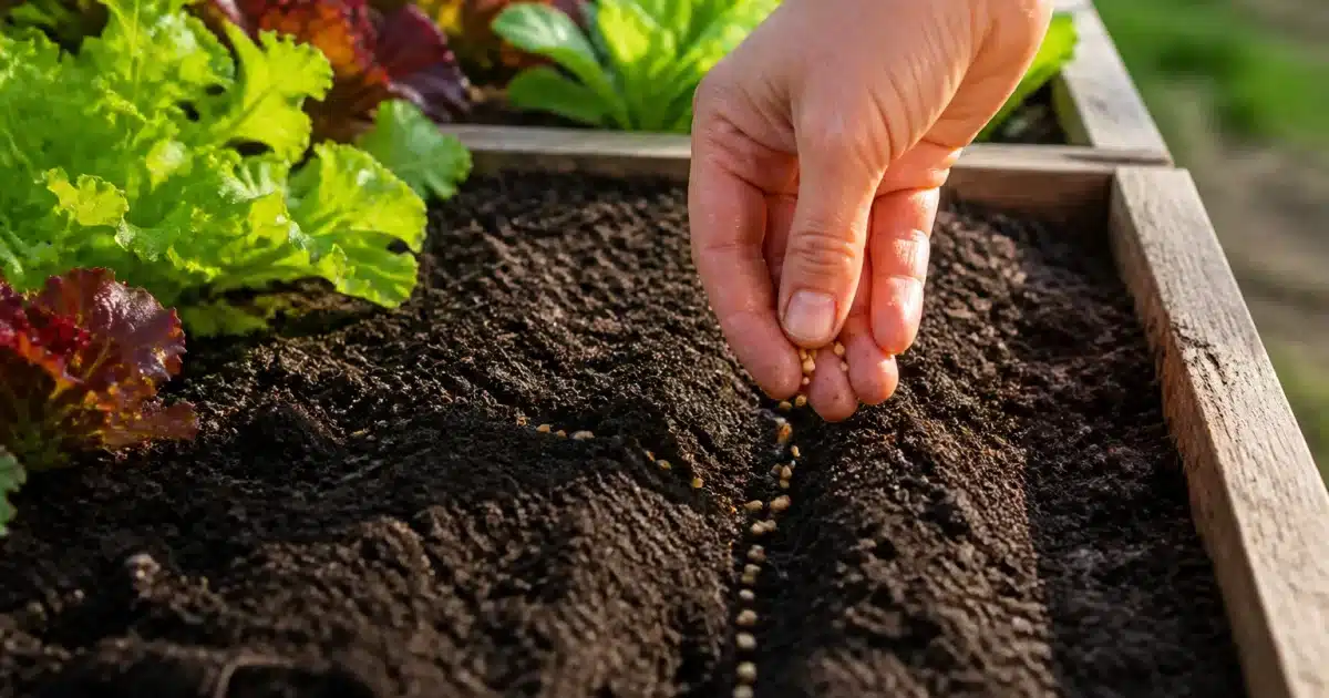 Mains versant graines dans terre humide de parterre sureleve