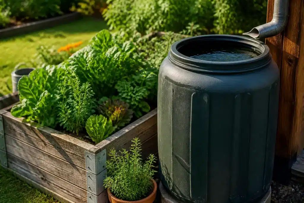 Récipient de collecte d'eau près potager surélevé