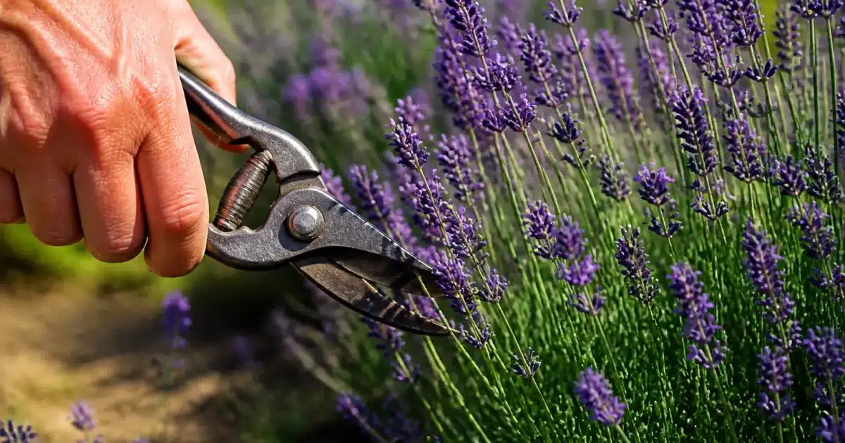 Cisailles élagant des tiges de lavande violette en fleur