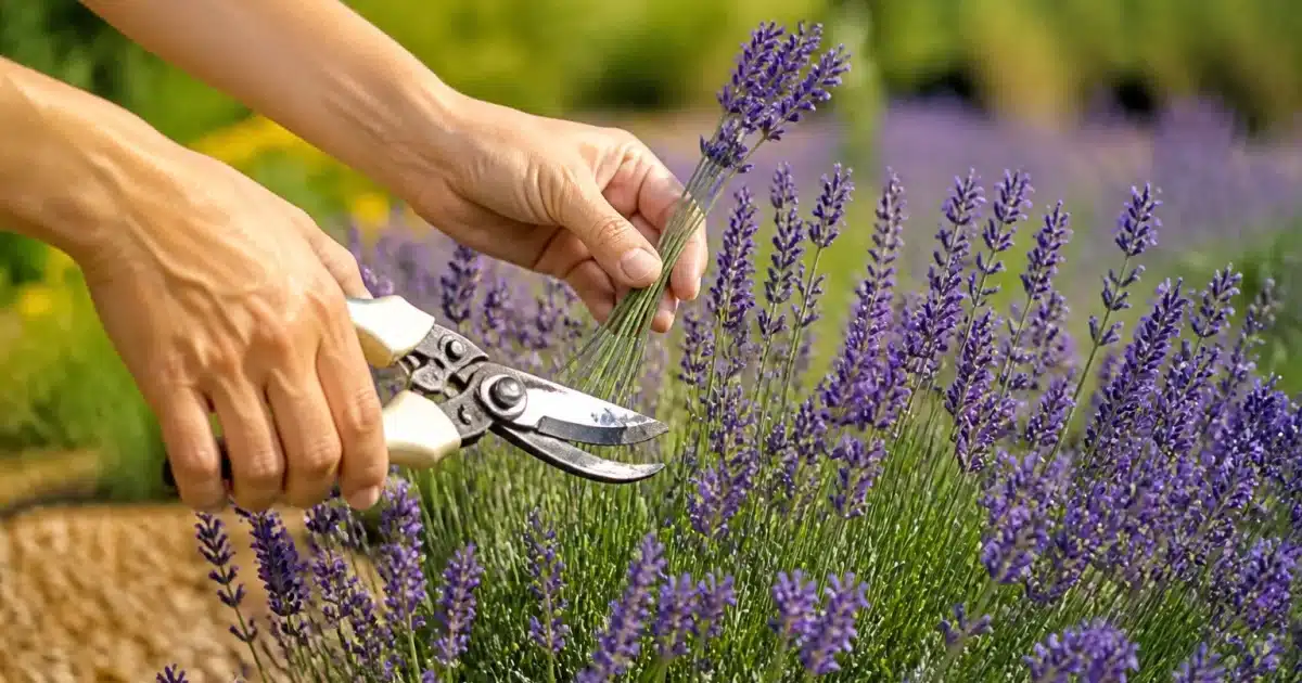 Cisailles taillant branches de lavande violette en gestes precis et circulaires