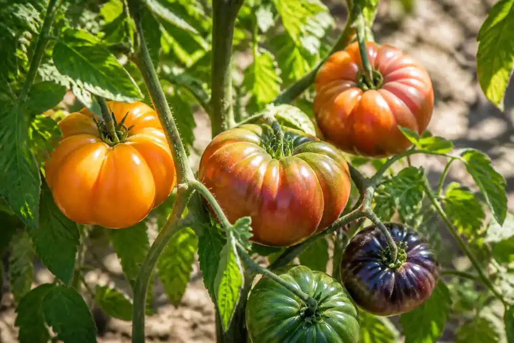 Tomates anciennes colorees poussant sous soleil intense