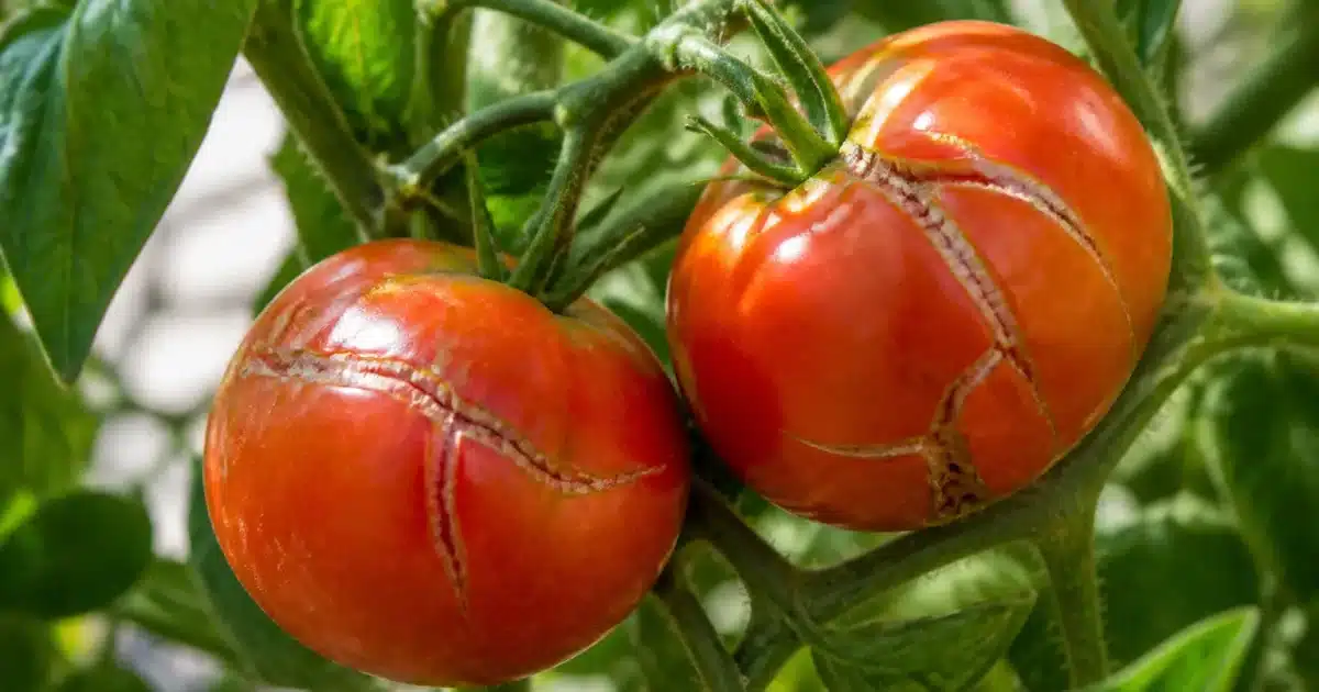 Tomates fendues sur plant montrant peau eclatee et dommages