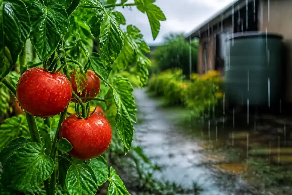 Tomates rouges mouillées sous pluie, restrictions d'arrosage affichées