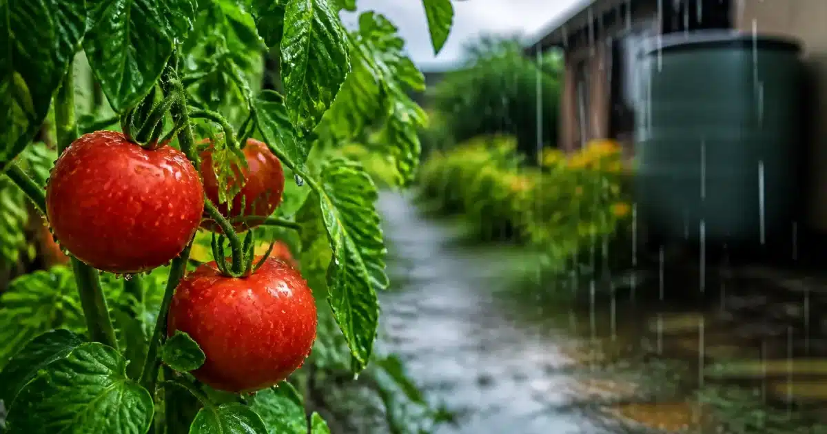 Tomates rouges mouillées sous pluie, restrictions d'arrosage affichées