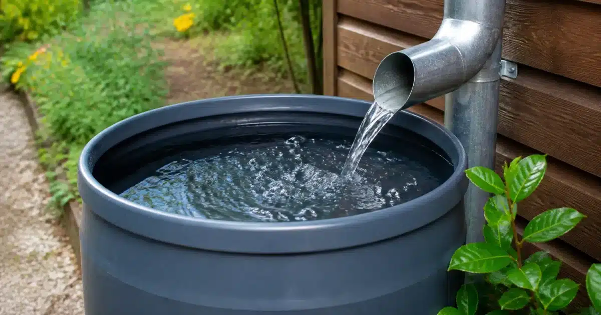 Tonneau plastique gris rempli recueillant eau ruissellement toit maison