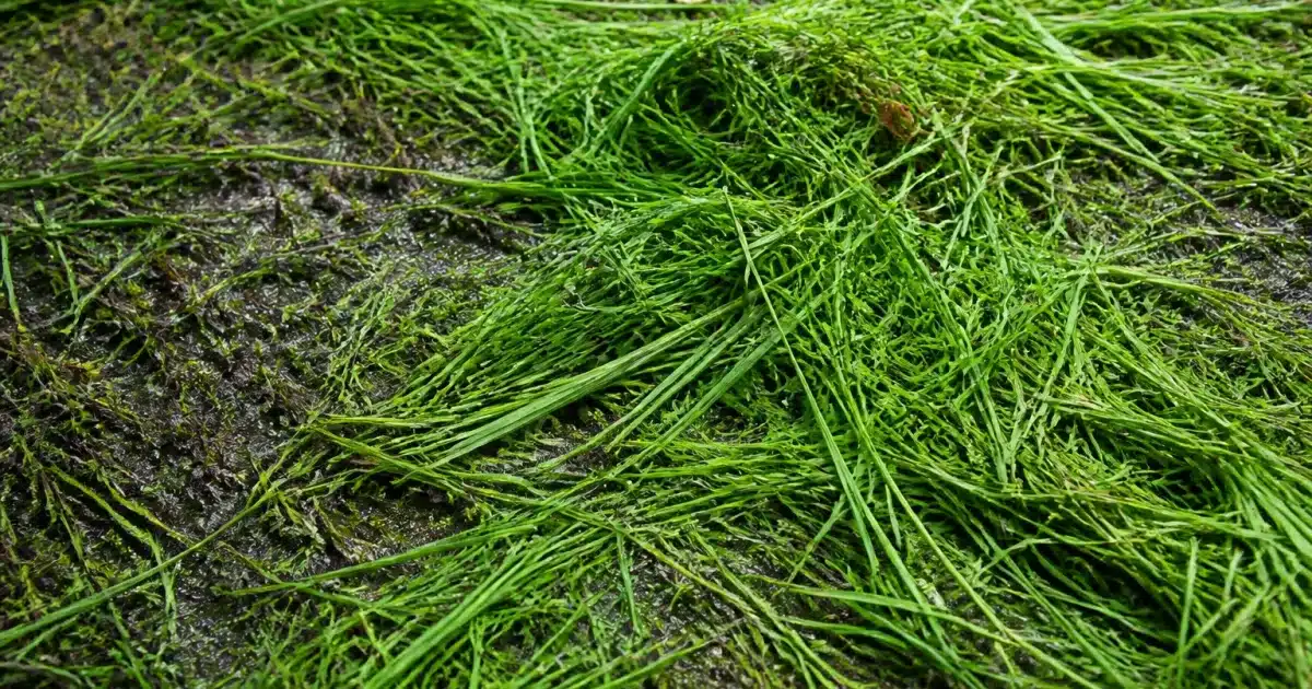 Tontes de gazon epaisses couchees sur terre humide verte