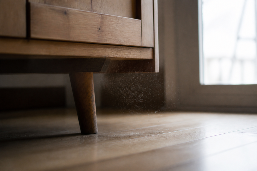 Poussiere visible flottant du meuble vers le plancher