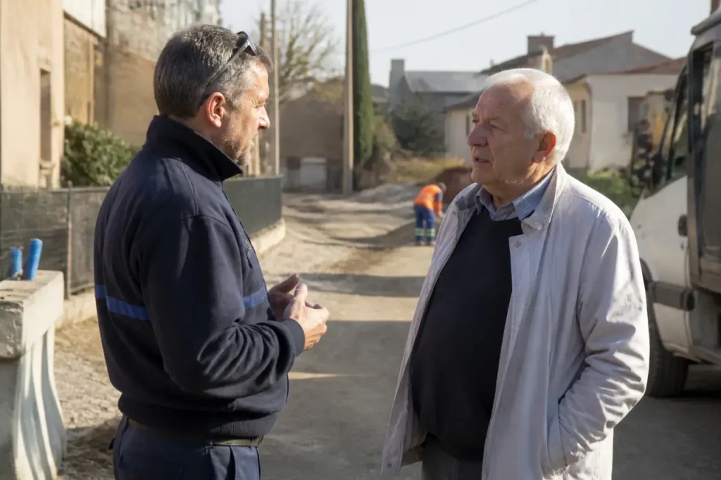 Agent municipal echangeant avec un habitant pres du chantier