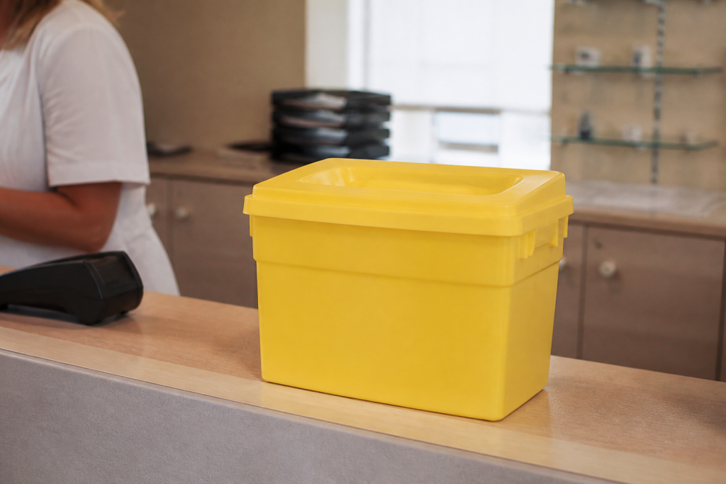 Boite jaune de collecte de medicaments sur un comptoir