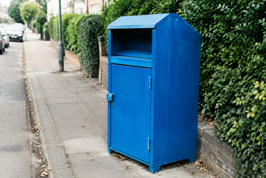 Conteneur bleu de collecte textile debout sur trottoir