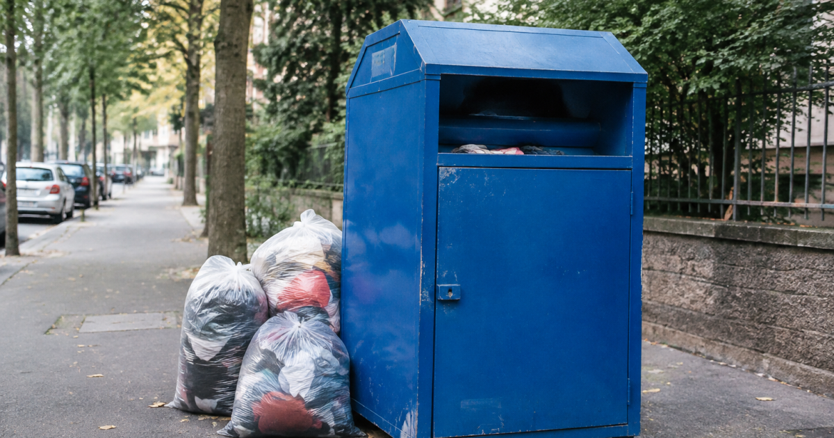 Conteneur bleu de collecte textile sur un trottoir