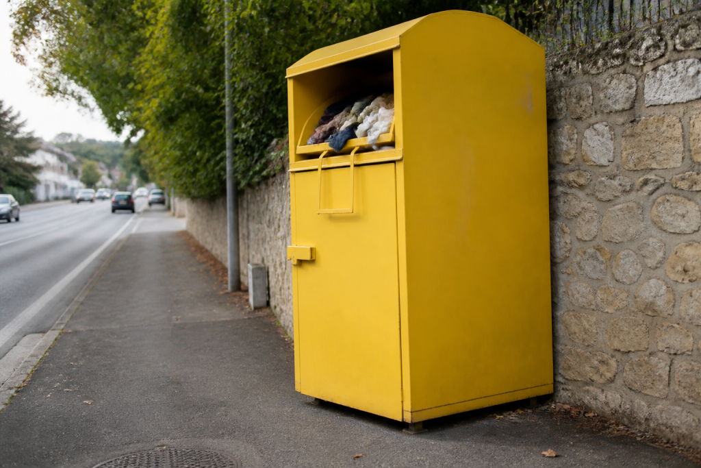 Conteneur jaune de collecte de vetements sur un trottoir