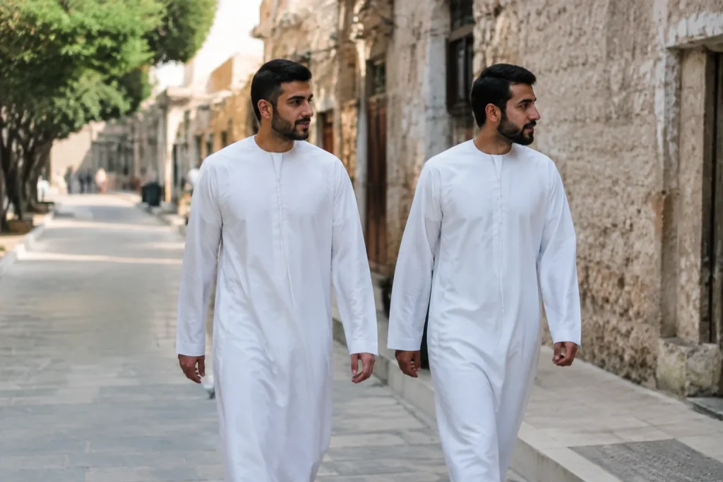 Deux hommes en kandoura blanche marchant dans une rue