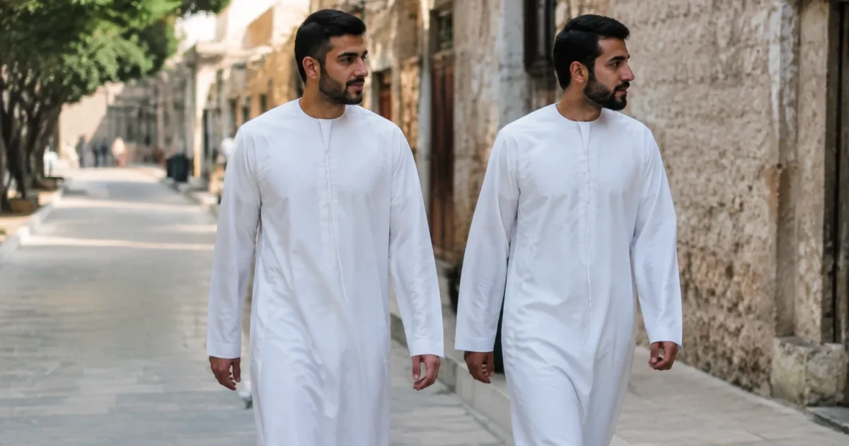 Deux hommes en kandoura blanche marchant dans une rue