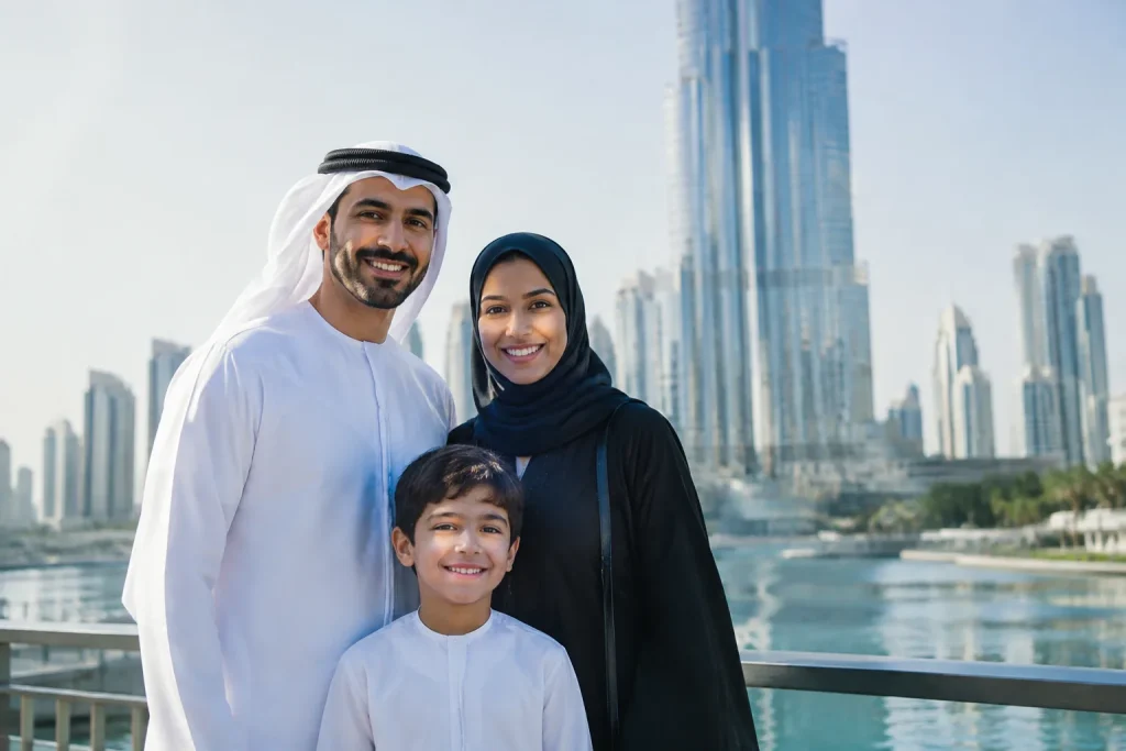 Famille emiratie souriante posant devant une tour moderne