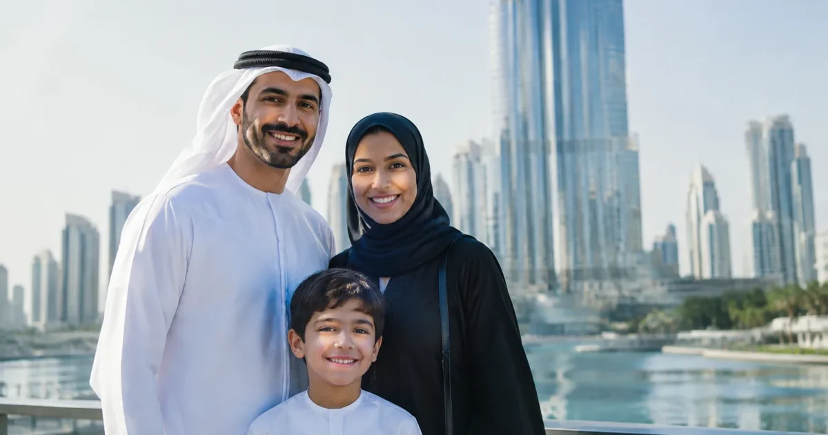 Famille emiratie souriante posant devant une tour moderne