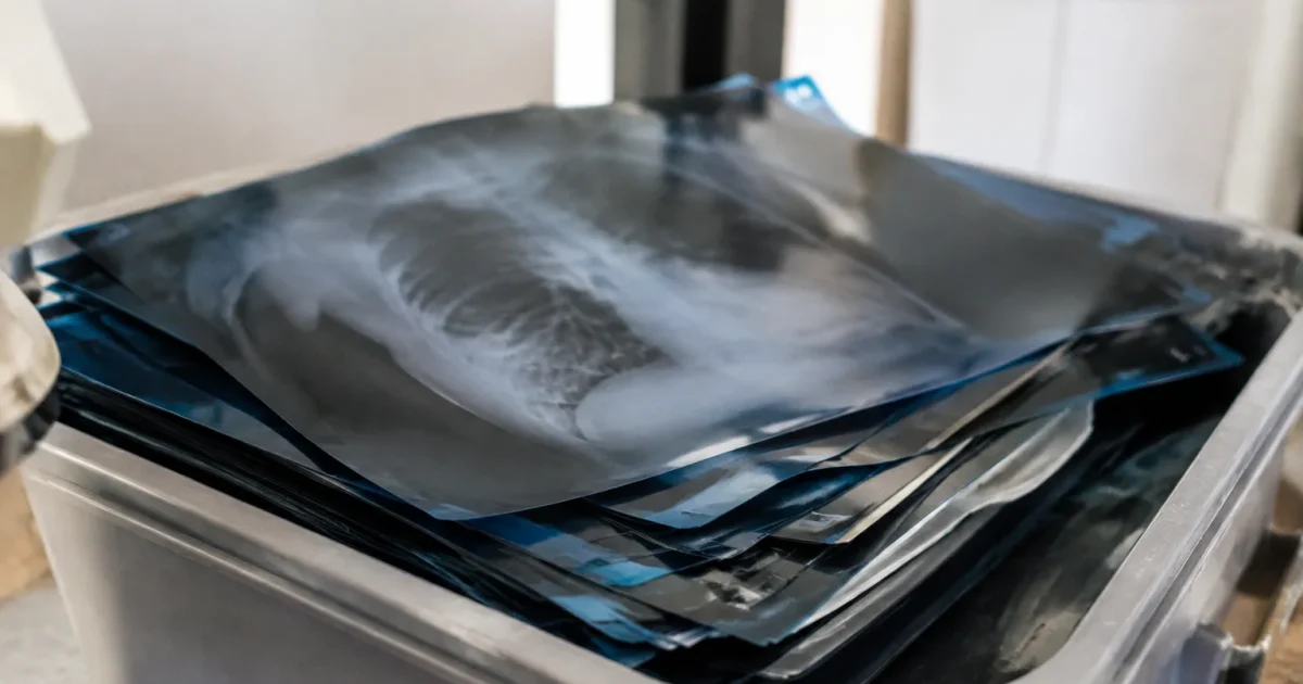 Films medicaux usages empiles sur un bac gris