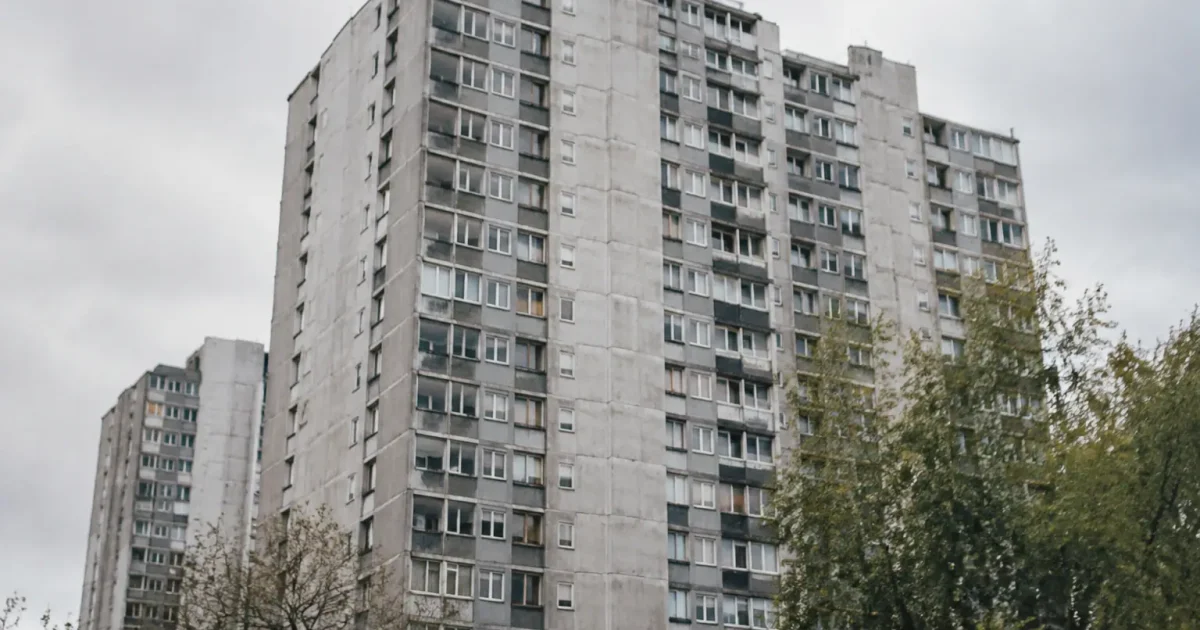 Grandes barres d'immeubles grises vues depuis le sol
