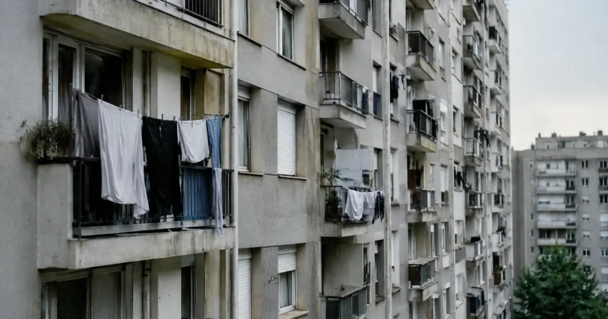 Grands immeubles gris avec linge suspendu aux balcons
