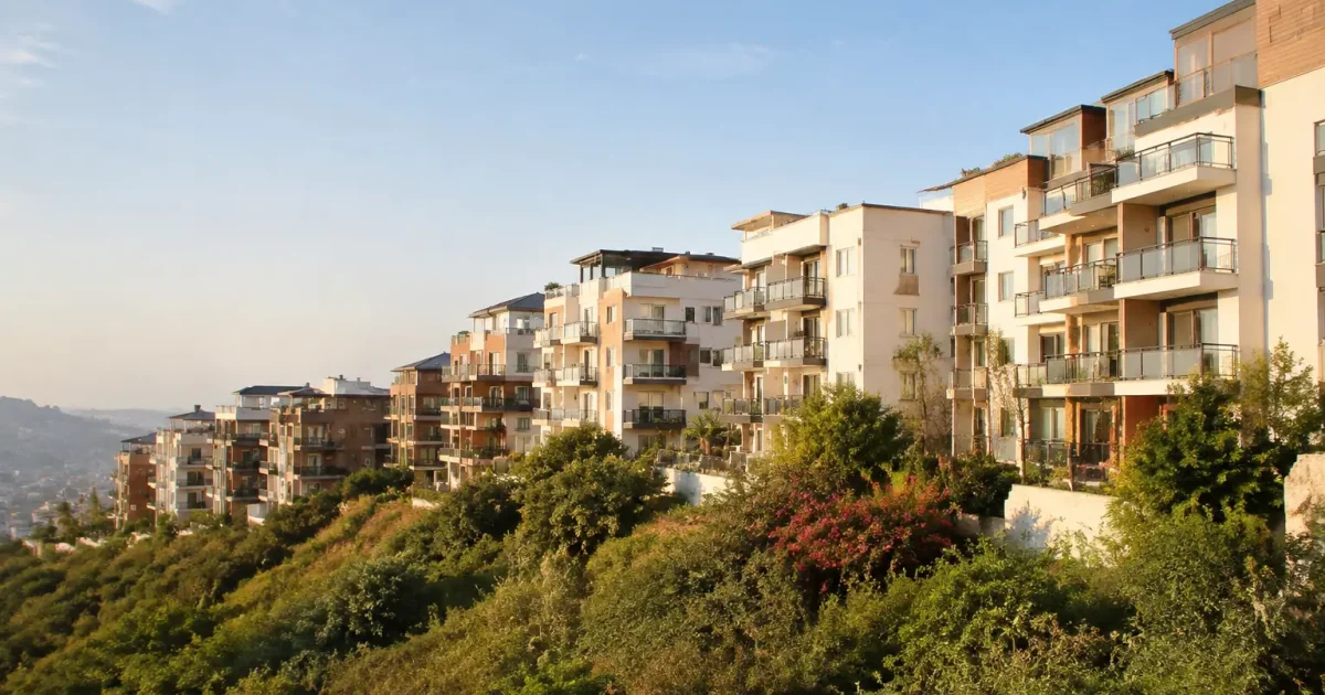 Grands immeubles residentiels alignes sur une colline ensoleillee