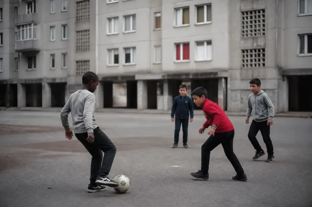 Immeubles gris et enfants jouant au ballon