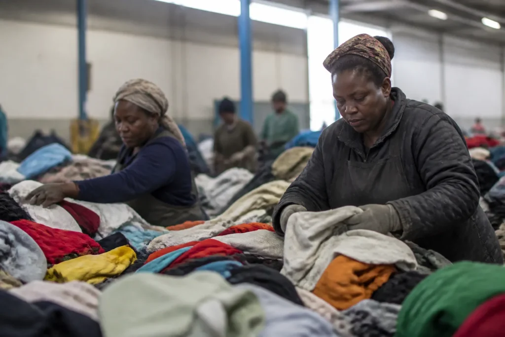 Operateurs triant a la main des vetements colores