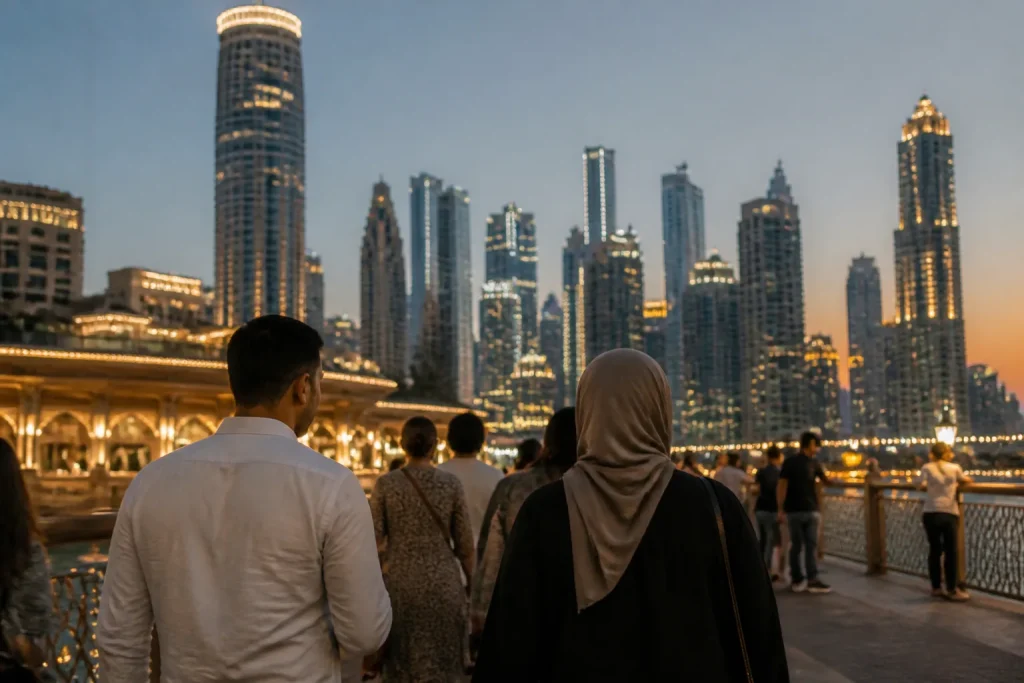 Passants devant des gratte-ciel illumines le soir a Dubai