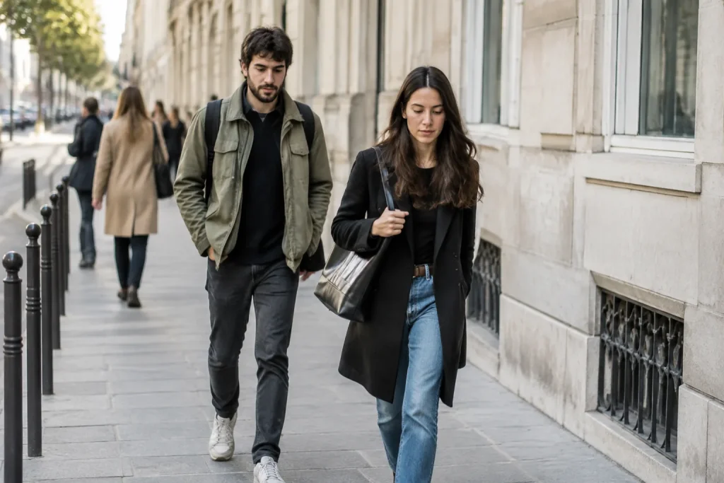 Passants marchant sur un trottoir devant des immeubles