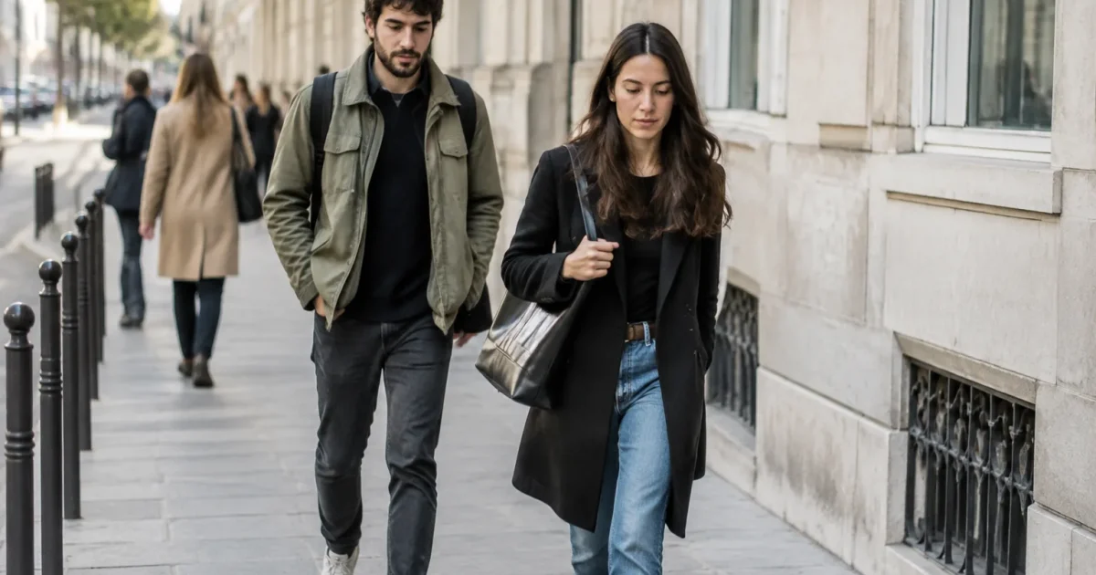 Passants marchant sur un trottoir devant des immeubles