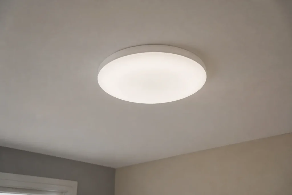 Plafonnier LED rond diffusant une lumiere blanche douce