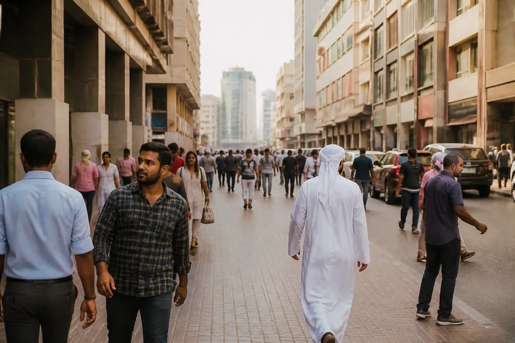 Rue animee de Dubai avec immeubles et passants varies