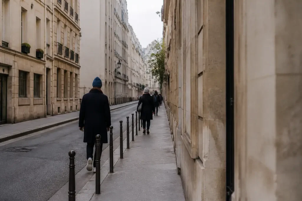 Rue calme bordee de hauts immeubles et de passants