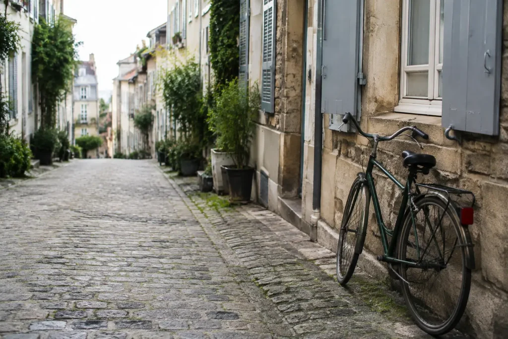 Rue pavee bordee de maisons, velo appuye au mur