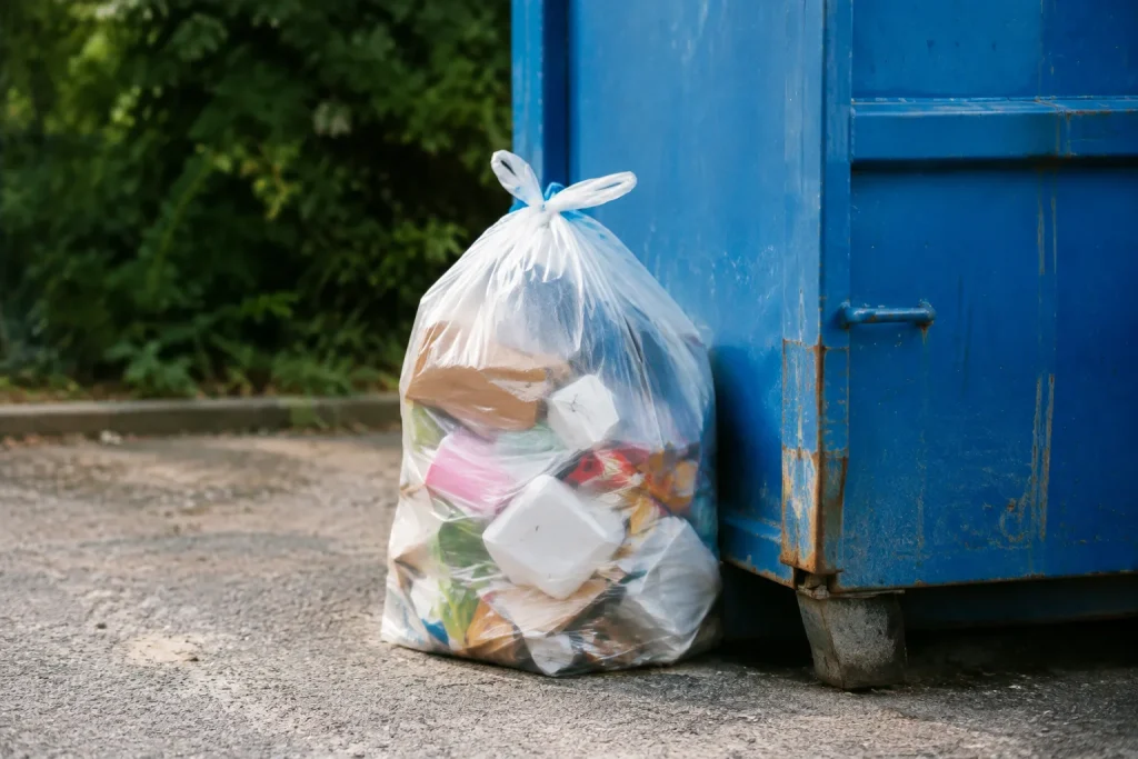 Sac textile rempli posé debout près d'un conteneur bleu