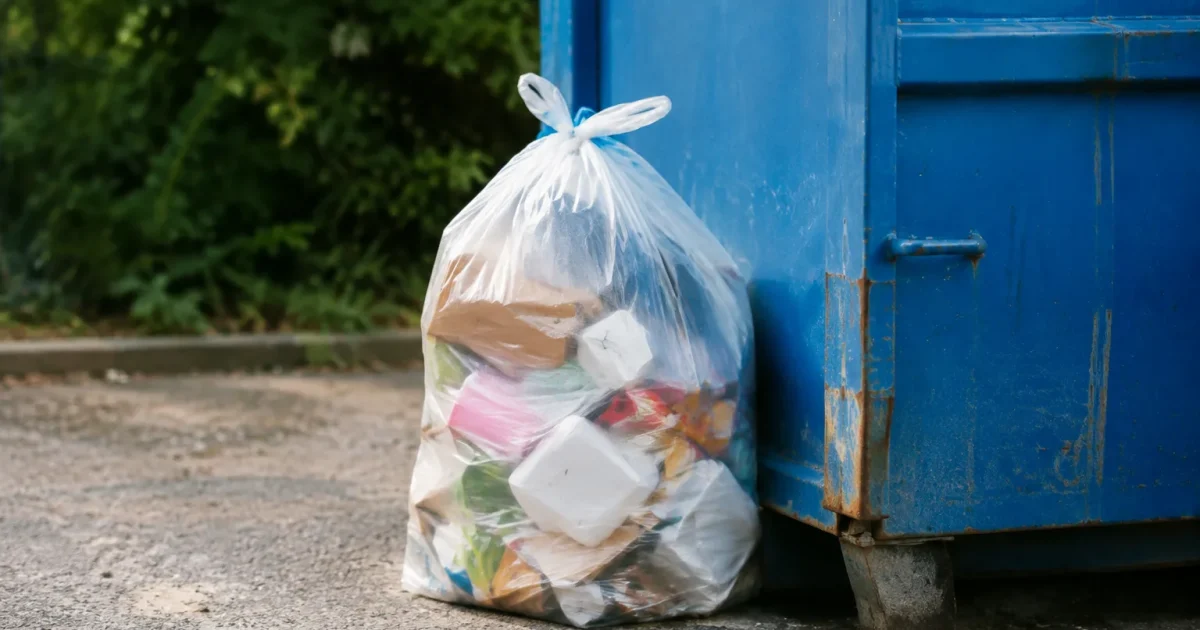 Sac textile rempli posé debout près d'un conteneur bleu