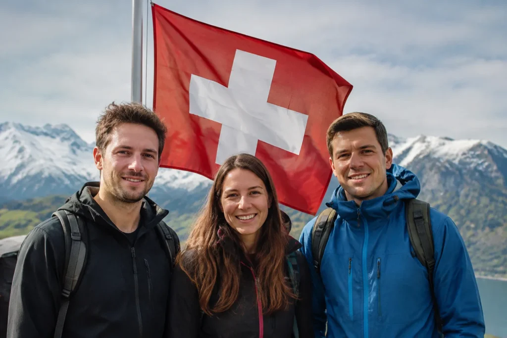 Trois personnes debout devant un drapeau suisse