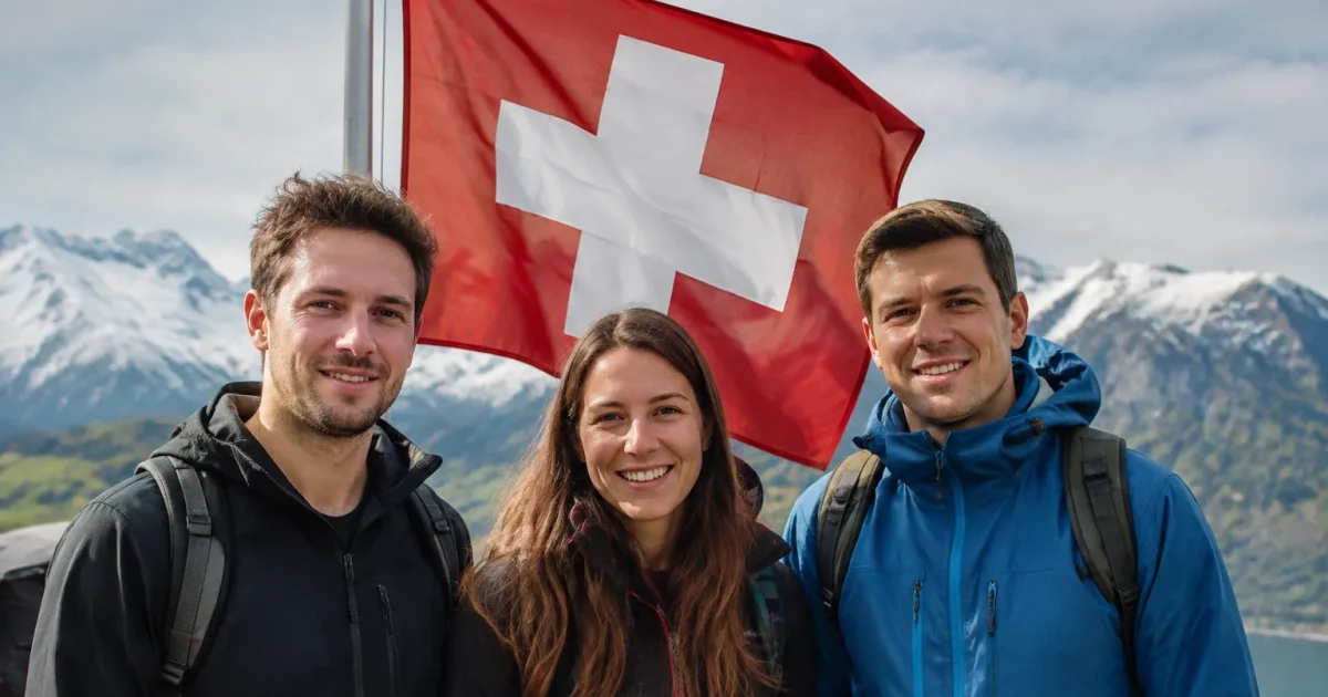 Trois personnes debout devant un drapeau suisse