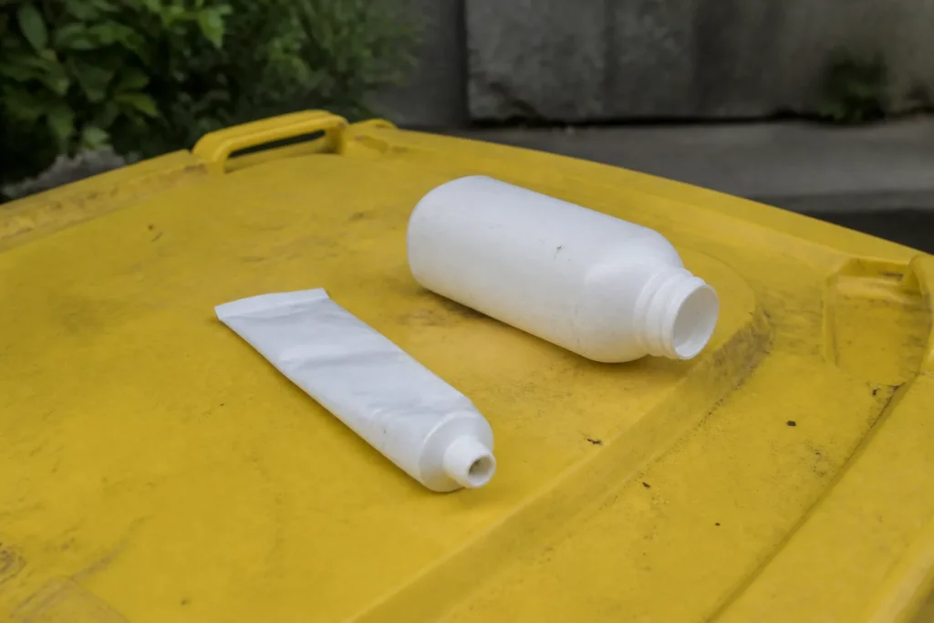 Tube vide et flacon sur un bac jaune