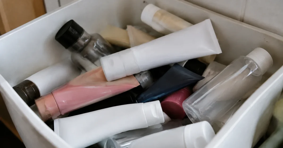 Tubes de creme et flacons vides dans un bac