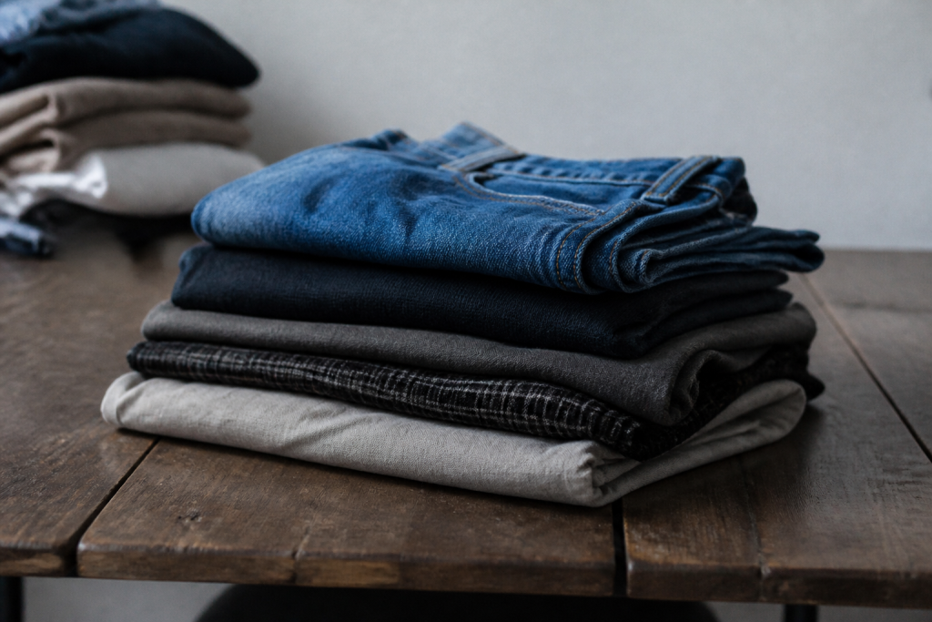Vieux vetements pliés posés sur une table en bois